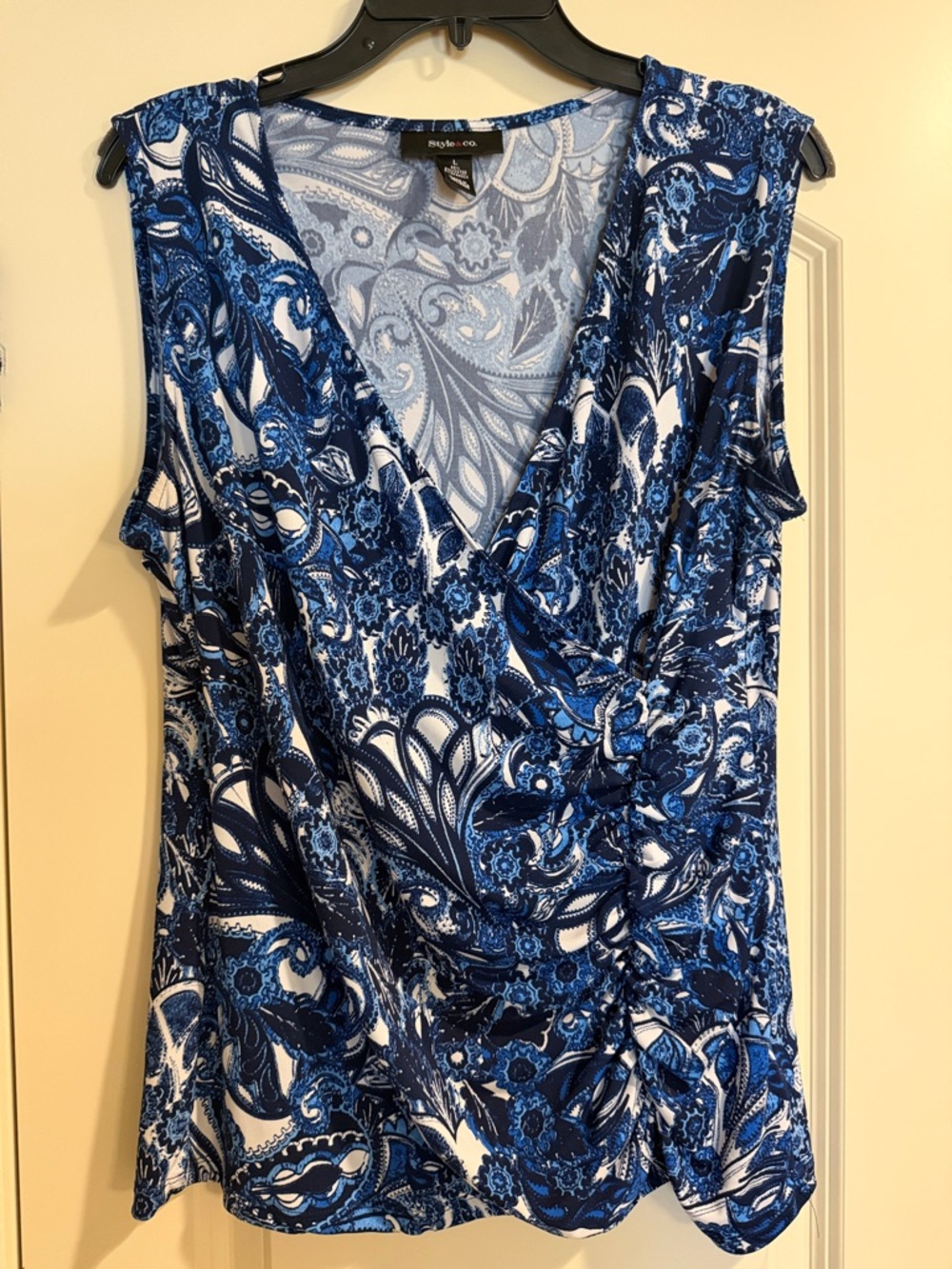 Style & Co. Blue and White Sleeveless Paisley Wrap-Front Blouse - Size L